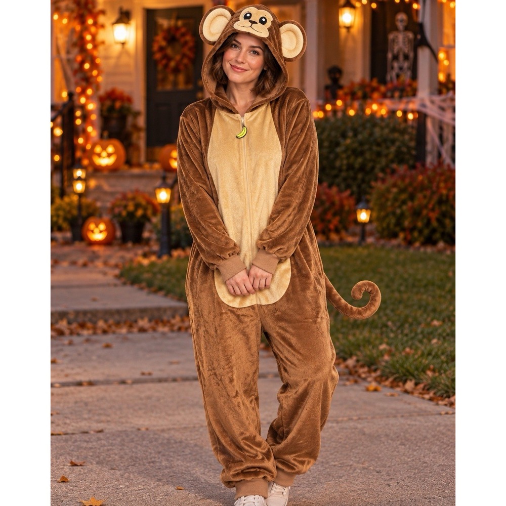 Spirit Monkey Costume Adult S/M Brown Hooded One Piece Tail Halloween Cosplay